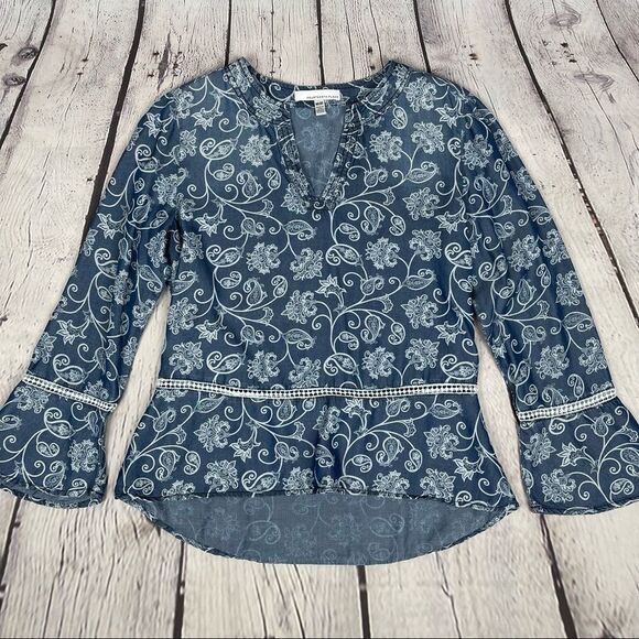 FOURTEENS PLACE chambray peasant boho floral top bell sleeves NWOT, size M - Picture 12 of 14